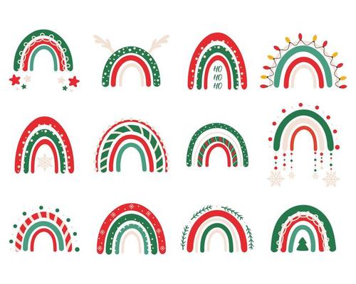 Vector collection for Christmas decoration with Christmas rainbows. Perfect for clothing prints, decorations, stickers, banners and cards. New Year and Christmas symbols and elements.