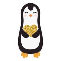 Vector illustration with penguin holding heart with of realistic gold glitter dust. Happy Valentine's day.