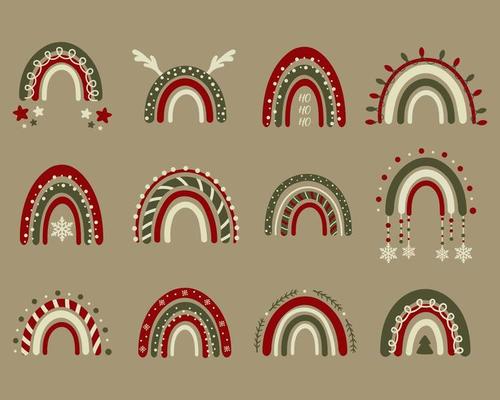 Vector collection for Christmas decoration with Christmas rainbows. Perfect for clothing prints, decorations, stickers, banners and cards. New Year and Christmas symbols and elements.