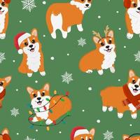 patrones sin fisuras con corgis navideños y copos de nieve. fondo para envolver papel, tarjetas de felicitación y diseños de temporada. Feliz navidad y próspero año nuevo. vector