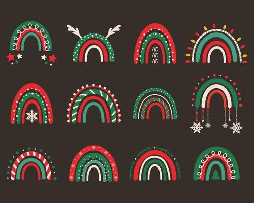 Vector collection for Christmas decoration with Christmas rainbows. Perfect for clothing prints, decorations, stickers, banners and cards. New Year and Christmas symbols and elements.
