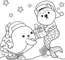 Christmas coloring book with cute husky mermaid vector