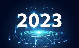 Abstract Happy new year 2023 circle light digital network on blue background digital futuristic modern hi-tech space vector