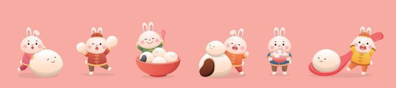un conjunto de lindos personajes de conejo o mascotas con bolas de arroz glutinoso, festival de linternas o solsticio de invierno, deliciosa comida dulce de arroz glutinoso en asia, estilo de dibujos animados juguetón y lindo vector
