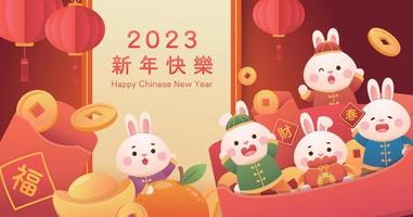 afiche para el año nuevo chino, lindo personaje de conejo o mascota, linterna con monedas y lingotes de oro, afiche rojo para el año nuevo vector