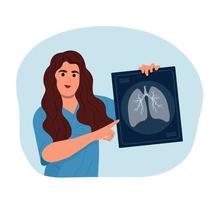 una doctora sonriente sostiene una radiografía de los pulmones en la mano para prevenir el asma. día mundial del asma asma bronquial. alergia, asma. fármaco de inhalación. asma bronquial. vector