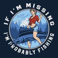 emblema de pesca vintage con una pin up girl vector