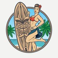 Vintage surfing T-shirt design with a pin up girl vector