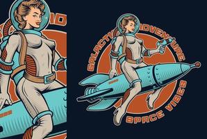 Vintage illustration with pin up girl on space rocket vector