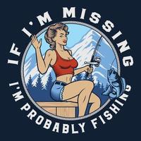 Vintage badge with a pin up girl on a fishing trip vector