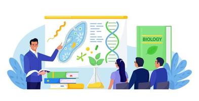 Biology school subject. Students exploring nature and living organism structure. Teacher standing at whiteboard and explaining biological process to children. Academic education vector