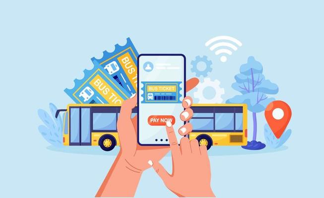 Internet service for book and buy bus ticket. Travel and tourism concept. Tourist planning trip online. Passengers buying tickets for bus in mobile app. Vector design