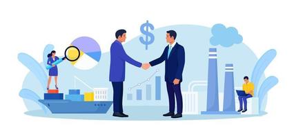Business to Business Strategy, B2B. Businessmen Handshaking. Partnership and Agreement, Collaboration. Logistical Support, Global Distribution Service for Factory Production. Manufacturing Process vector