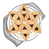 galletas hamantaschen judías con semillas de amapola dispuestas en un plato en forma de estrella de david vista superior, elemento de diseño para el vector de vacaciones de purim ilustración dibujada a mano.pastelería tradicional judía