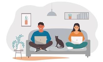 A guy and a girl are sitting on the couch with laptops. A person works online, studies, communicates remotely from home. The couple lives a virtual life. Vector graphics.