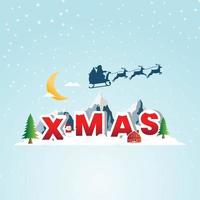 Christmas winter landscape with village house, snowman and Xmas tree. Christmas festive poster design vector