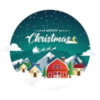 Christmas winter landscape with village house, Santa Claus and Xmas tree. Christmas festive poster design vector