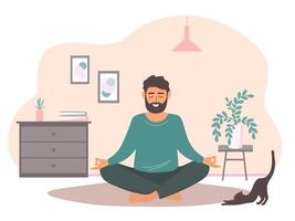 The guy is sitting in the lotus position in the room on the floor. A man does yoga asanas alone at home. Vector graphics.