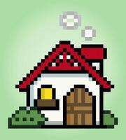 8 bit pixels little house. Home sweet homes for game assets and cross stitch patterns in vector illustrations.