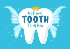 día nacional del hada de los dientes con una niña pequeña para ayudar a los niños a que el tratamiento dental encaje como un póster en una ilustración de plantilla dibujada a mano de caricatura plana vector