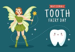 día nacional del hada de los dientes con una niña pequeña para ayudar a los niños a que el tratamiento dental encaje como un póster en una ilustración de plantilla dibujada a mano de caricatura plana vector