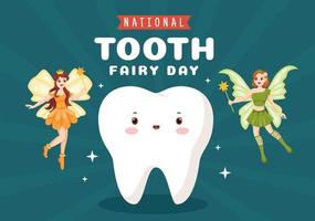 día nacional del hada de los dientes con una niña pequeña para ayudar a los niños a que el tratamiento dental encaje como un póster en una ilustración de plantilla dibujada a mano de caricatura plana vector