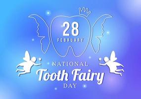 día nacional del hada de los dientes con una niña pequeña para ayudar a los niños a que el tratamiento dental encaje como un póster en una ilustración de plantilla dibujada a mano de caricatura plana vector