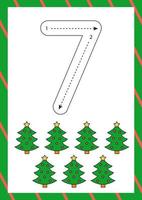 Christmas flashcard how to write number seven. Worksheet for kids. vector