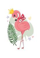 A cute cartoon poster featuring a pink flamingo wearing a crown. Princess bird. vector