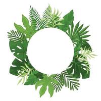 Tropical green palm leaves in a round frame. Hawaiian flyer with palm leaves isolated on white background. Vector