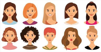 avatar de mujer establece ilustración vectorial plana. retrato de chicas jóvenes con diferentes peinados, hermosas, udybka, diferentes personajes aislados en fondo blanco vector