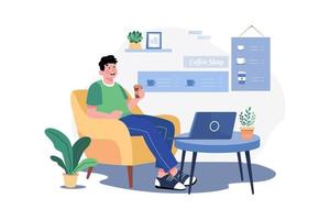 Man working from a cafe Illustration concept. A flat illustration isolated on white background vector