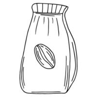 bolsa de papel llena de café, arte de línea aislado vectorial, ilustración lineal del embalaje de café artesanal. estilo de tinta de contorno plano de moda, bueno como icono, logotipo para cafetería, ilustraciones dibujadas a mano. vector