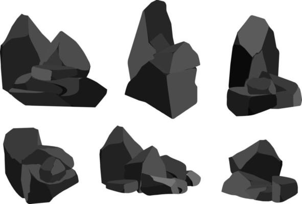 A set of black charcoal of various shapes.Collection of pieces of coal, graphite, basalt and anthracite. The concept of mining and ore in a mine.Rock fragments,boulders and building material.