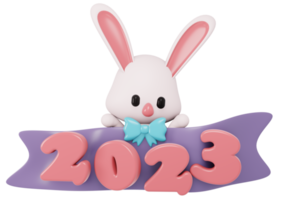 3D Render New Year 2023 number with cute rabbit zodiac cartoon style. 3D Render illustration. png