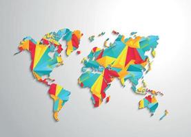 Colorful Low poly world map. The different color shades of each continent. Simple flat vector map.