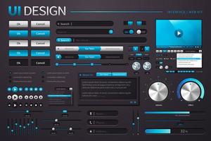 Cool UI design with different buttons in black and blue tone, 3d illustration vector