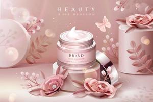 Cream jar ads on podium with pink paper flowers in 3d illustration vector