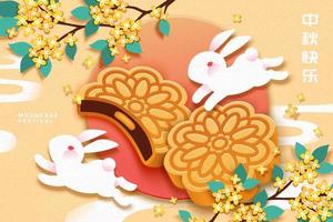 Mooncake festival with white rabbit and delicious pastry on light yellow background, Mid autumn holiday written in Chinese words vector
