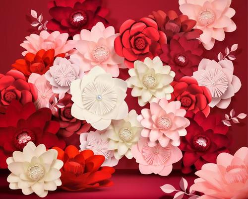 Pink and red paper flowers background in 3d illustration