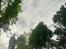 hermoso paisaje natural en el cielo azul, nubes blancas y muchos árboles verdes a su alrededor foto