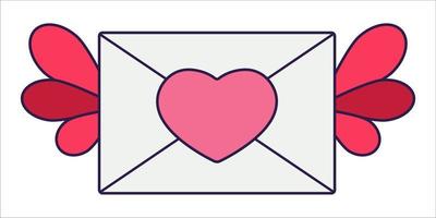 Retro Valentine Day icon of the envelope with heart and wigs. Love symbol in the fashionable pop line art style. The cute letter is in soft pink, red, and coral color. Vector illustration isolated.