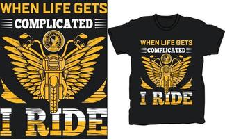 when life gets complicated I ride tshirt design vector template, Original vector retro print motorcycle on abstract background rides on road. American motorcycle custom made. T-shirt Design