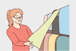 Woman in glasses choosing wallpapers in shop. Smiling female client look at samples in store for house interior renovation. Vector illustration.