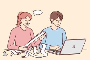 Young couple sit at table at home pay bills online. Man and woman manage expenses on internet on web banking on laptop. Vector illustration.