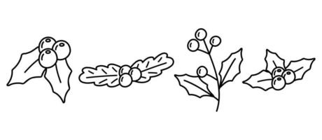 Single hand drawn line Holly branch with berries for New Year and Christmas greeting cards, posters, stickers and seasonal design. vector