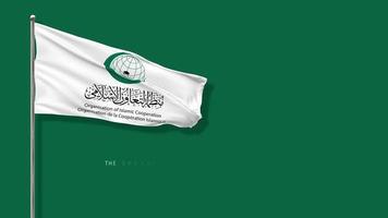 oic flag, die organisation der islamischen zusammenarbeit fahne weht im wind 3d-rendering, chroma-key-grüner bildschirm, luma-matte-auswahl video