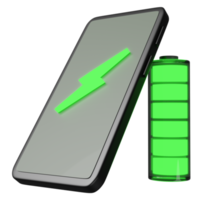 Aufladen von Smartphones oder Mobiltelefonen mit isolierter Batterieladeanzeige. Ladebatterie-Technologiekonzept, 3D-Illustration, 3D-Rendering png