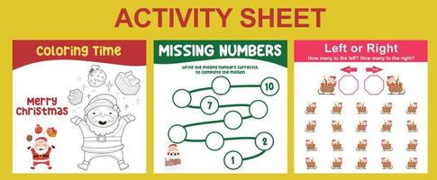 Hoja de actividades 3 en 1 para niños. hoja de trabajo imprimible educativa para preescolar. colorear, números que faltan y actividad izquierda o derecha. ilustraciones vectoriales. vector