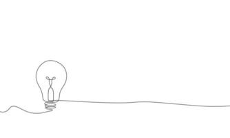 continuous single line drawing of light bulb with tangled cord, line art vector illustration